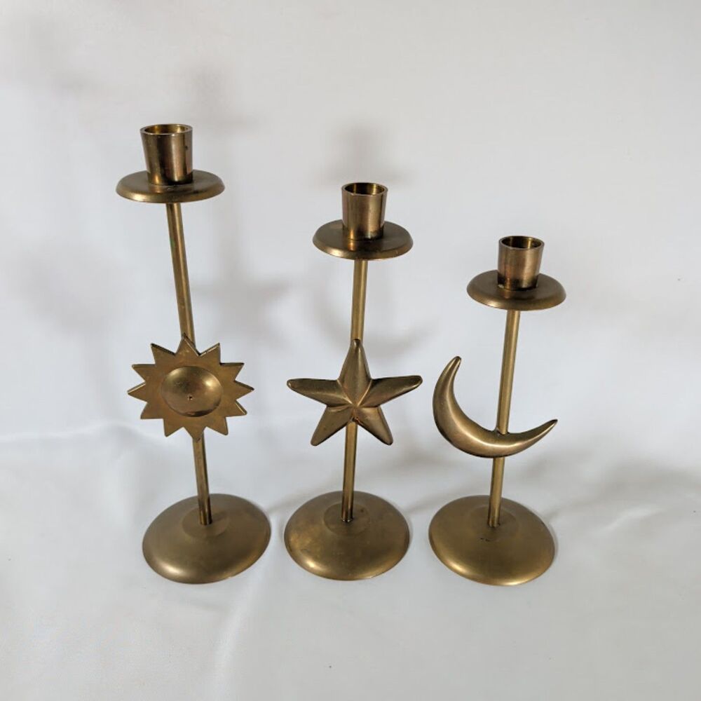 Vintage MCM Brass Sun Star Moon Candlestick Holders Set of 3 Made in India